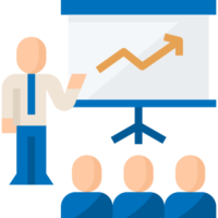 Graphic of a man holding a meeting and pointing at a growth chart