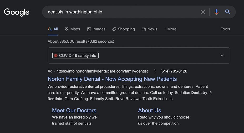 Google PPC ads targeting search for new dentist