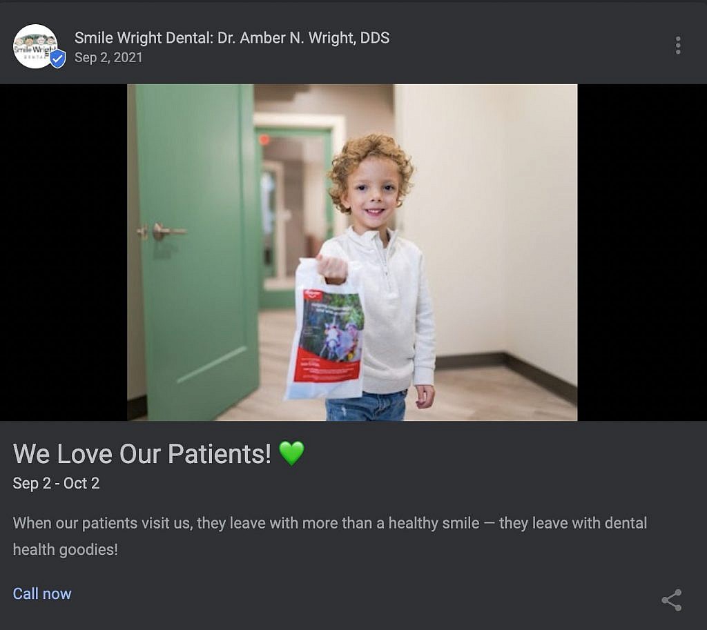 Example Post from Smile Write Dental with Boy Holding Care Bag