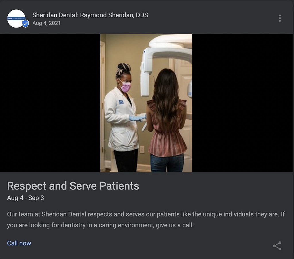 Post Example form Sheridan Dental: Respect and Serve Patients
