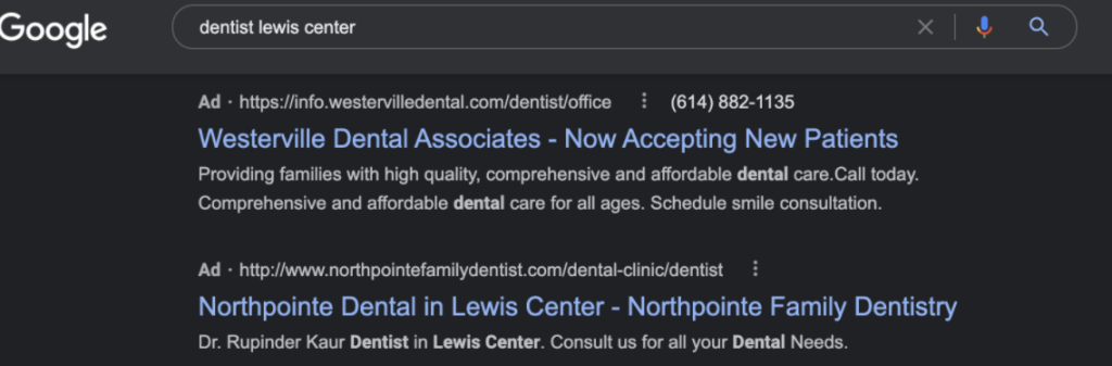 Google search for a dentist in Lewis Center Ohio