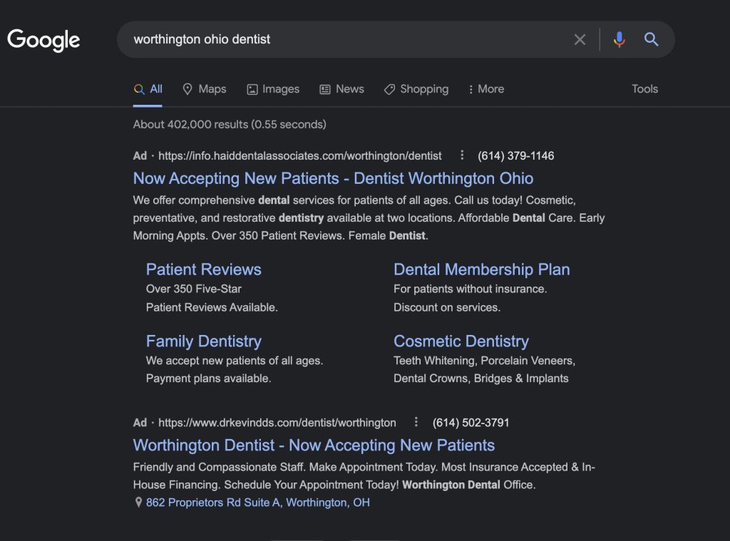 Google search for a Worthington Ohio dentist