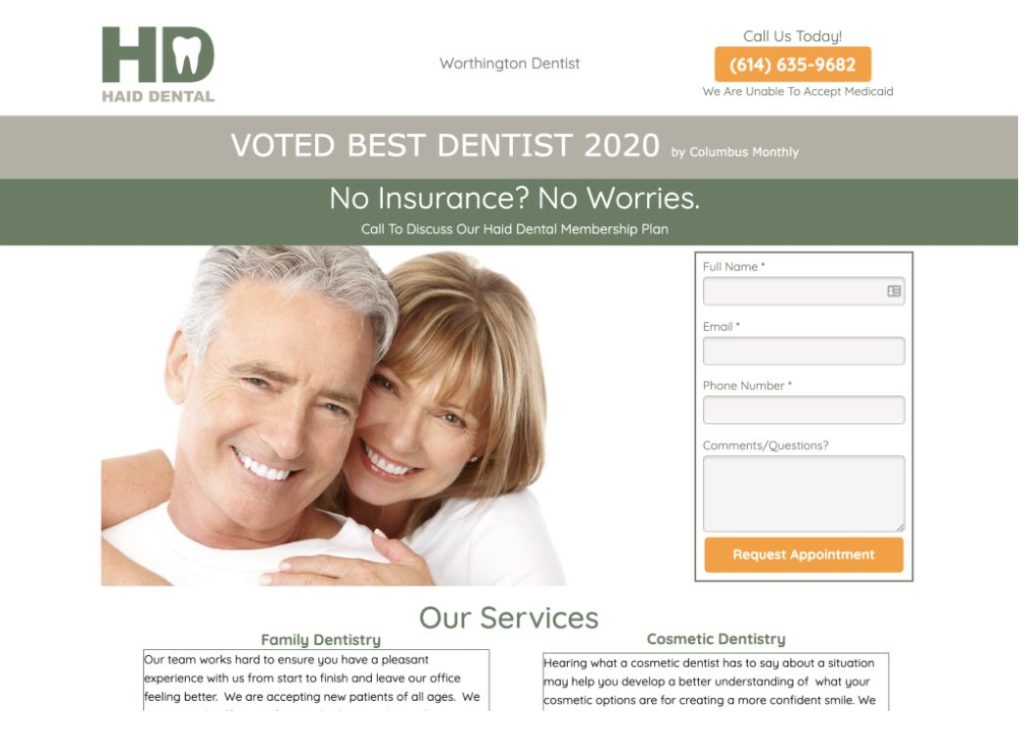 Landing page for a dentist paying for PPC advertising