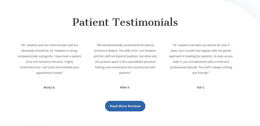 Patient Testimonials page on dental website