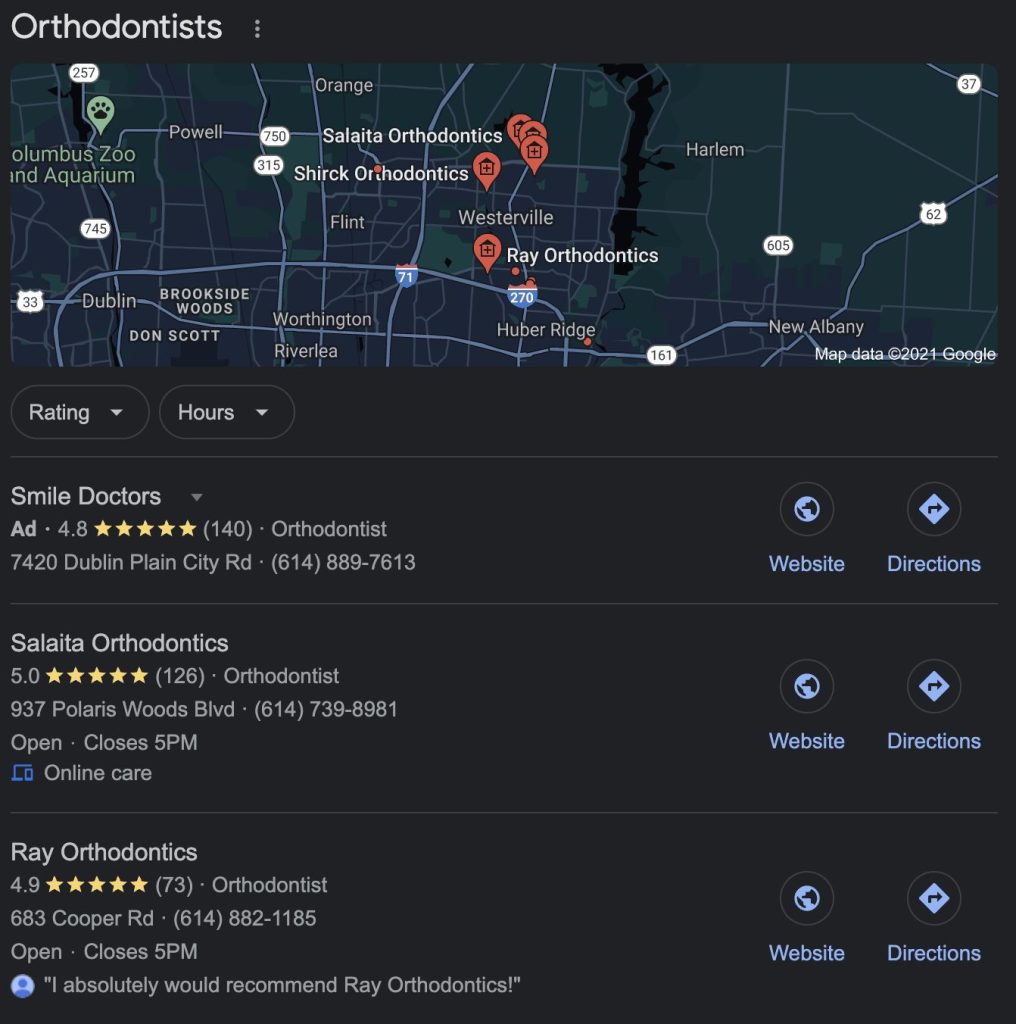 Google maps local search for orthodontists