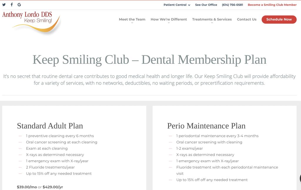 Dental Membership Plan page on dental website