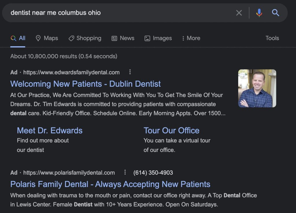 Google serp results "dentist near me" search