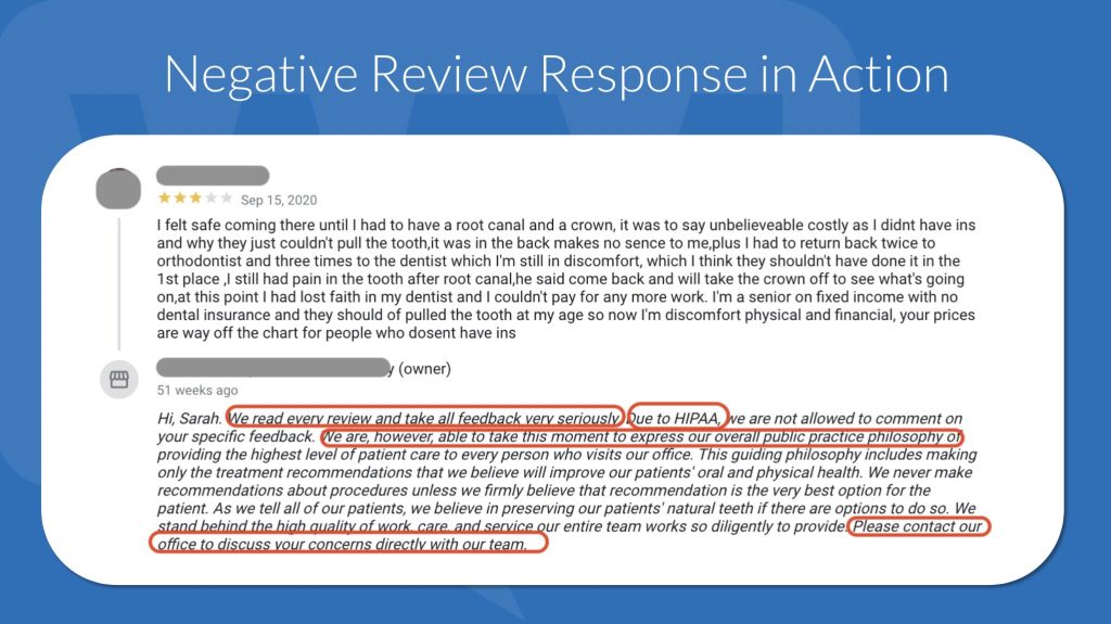 Negative dental review response in action